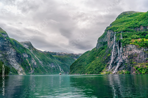 Panoramic view of Geiranger fjord near Geiranger seaport, Norway. Norway nature and travel background.
