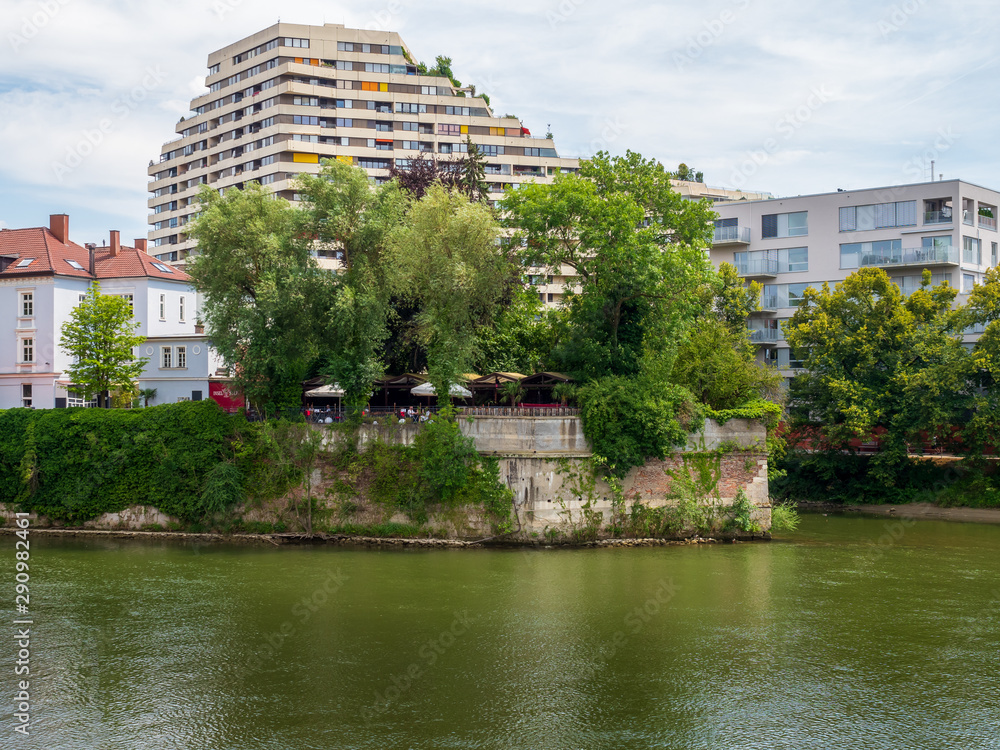 Ulm, Germany - Jul, 20th 2019: small island (insel) in Danube river, Ulm.