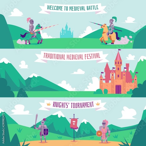 Knight tournament banner set - medieval battle festival poster