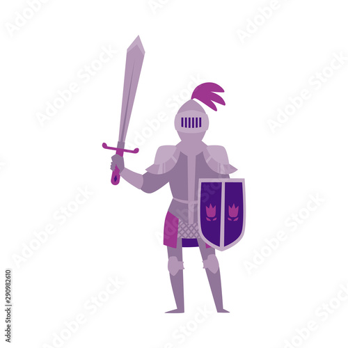 Middle Ages knight in armour with sword flat vector illustration isolated.