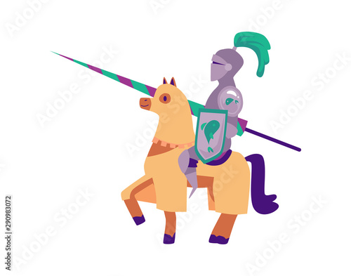 Medieval knight in a helmet and armor on a horse with a spear.