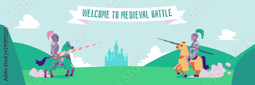 Welcome to medieval battle - flat cartoon banner of two nights in metal armor