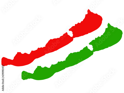 The map of lake Balaton in red and green colors shows hungarian flag on white backgrounds