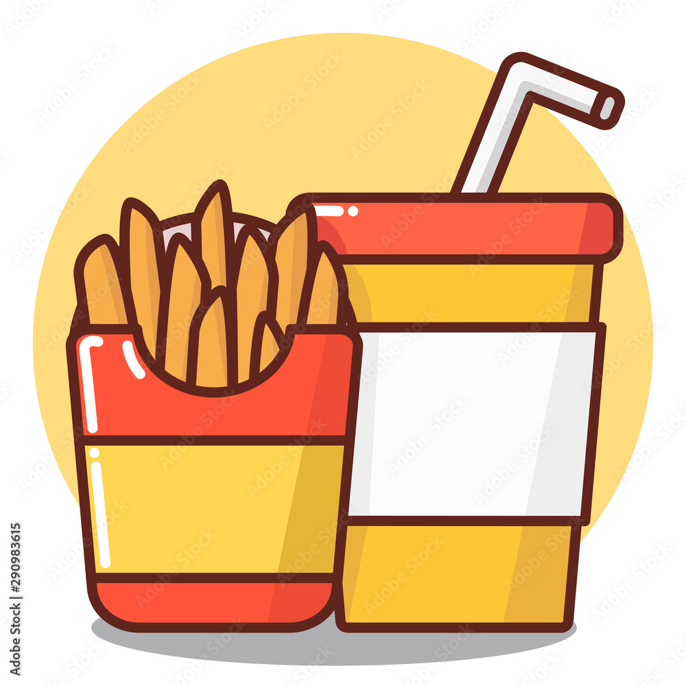Vector, cartoon image. Image of food, junk food, combo, set, french fries in cardboard box with soda, sparkling water. White background with yellow circle. Print for a poster, design menu of snack bar Vector, cartoon image. Image of food, junk food, combo, set, french fries in cardboard box with soda, sparkling water. White background with yellow circle. Print for a poster, design menu of snack bar