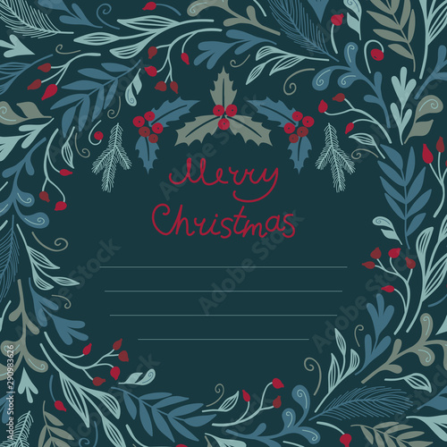 Winter flora round frame. Vector card template. Christmas design.
