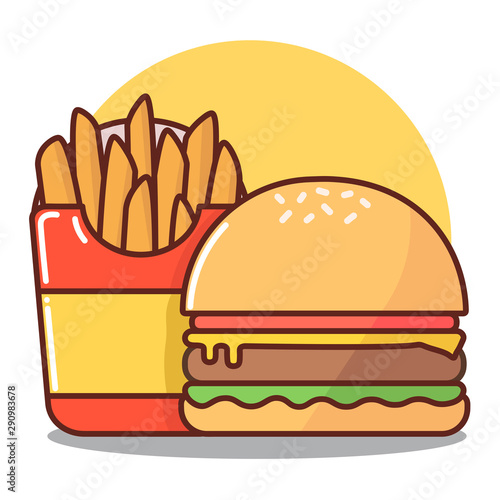 Vector, cartoon image. Image of food, combo, set, burger, cheeseburger, hamburger with french fries in cardboard box. White background with yellow circle. Print for a poster, design menu of snack bar.