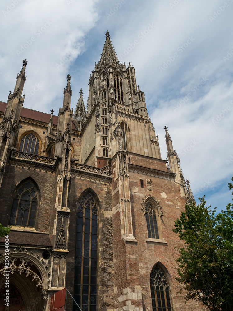 Ulm, Germany - Jul, 20th 2019: Ulm Minster is a Lutheran church located in Ulm, State of Baden-Wuerttemberg, with a steeple measuring 161.5 meters