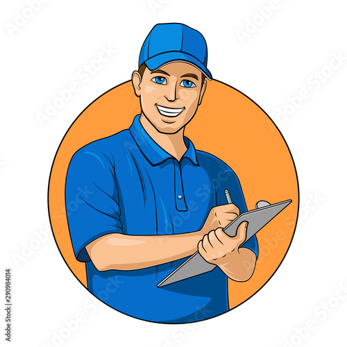 Smiling delivery man accepts the order for delivery. Vector illustration on white background