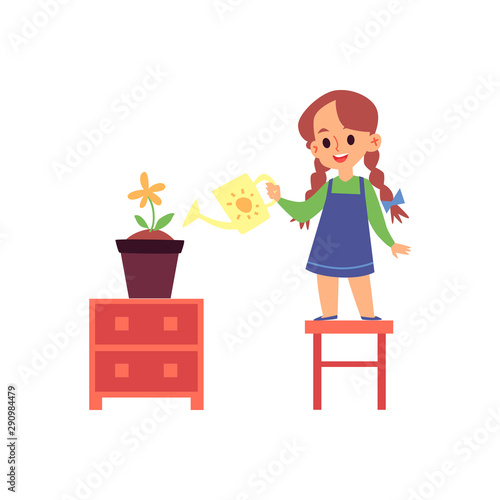 African american little girl helps at home flat vector illustration isolated.