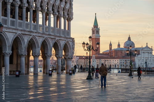 Sunrise view of piazza San Marco, Doge's Palace (Palazzo Ducale) in Venice, Italy. Sunrise cityscape of Venice. © k_samurkas