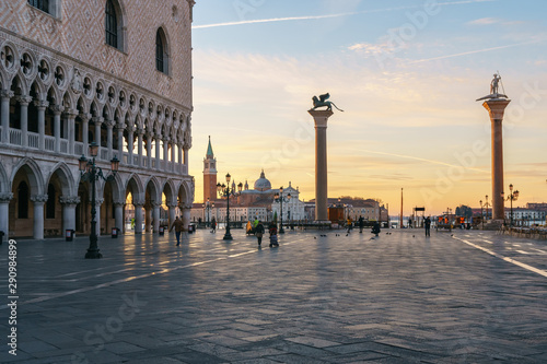 Sunrise view of piazza San Marco, Doge's Palace (Palazzo Ducale) in Venice, Italy. Sunrise cityscape of Venice.