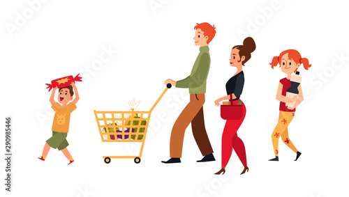 Cartoon family at supermarket with shopping cart - isolated flat vector illustration