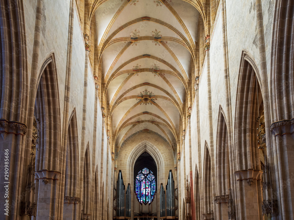 Ulm, Germany - Jul, 20th 2019: Inside of Ulm Minster, is a Lutheran church located in Ulm, State of Baden-Wuerttemberg, with a steeple measuring 161.5 meters