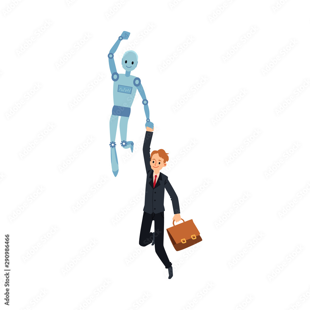 Cartoon robot flying and carrying businessman by hand - business cooperation Cartoon robot flying and carrying businessman by hand - business cooperation