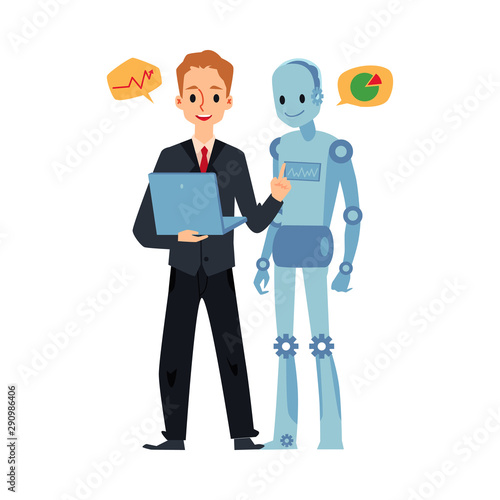 Businessman and android robot looking at laptop talking about graph charts.