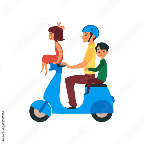 Father and children traveling riding on bike flat vector illustration isolated.