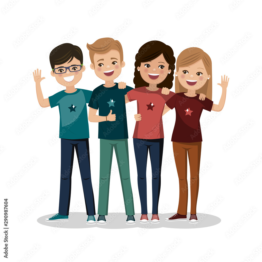 Fototapeta premium Friends hugged together. Youth people. Happy boys and girls. Flat vector illustration