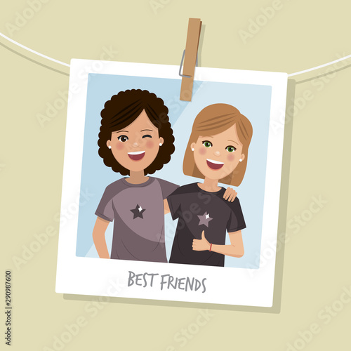 Best friends photo. Two happy girls smilling with short hair. Vector illustration