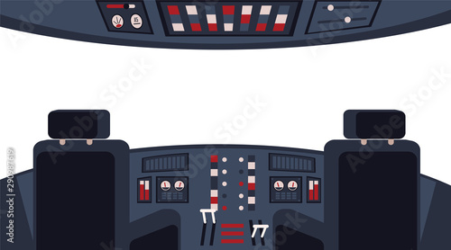 Pilots cockpit interior with dashboard and chairs flat vector illustration.