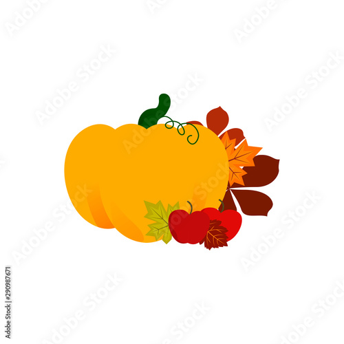 Flat design vector icon - harvest. Ripe pumpkin and juicy raccine apple with ...