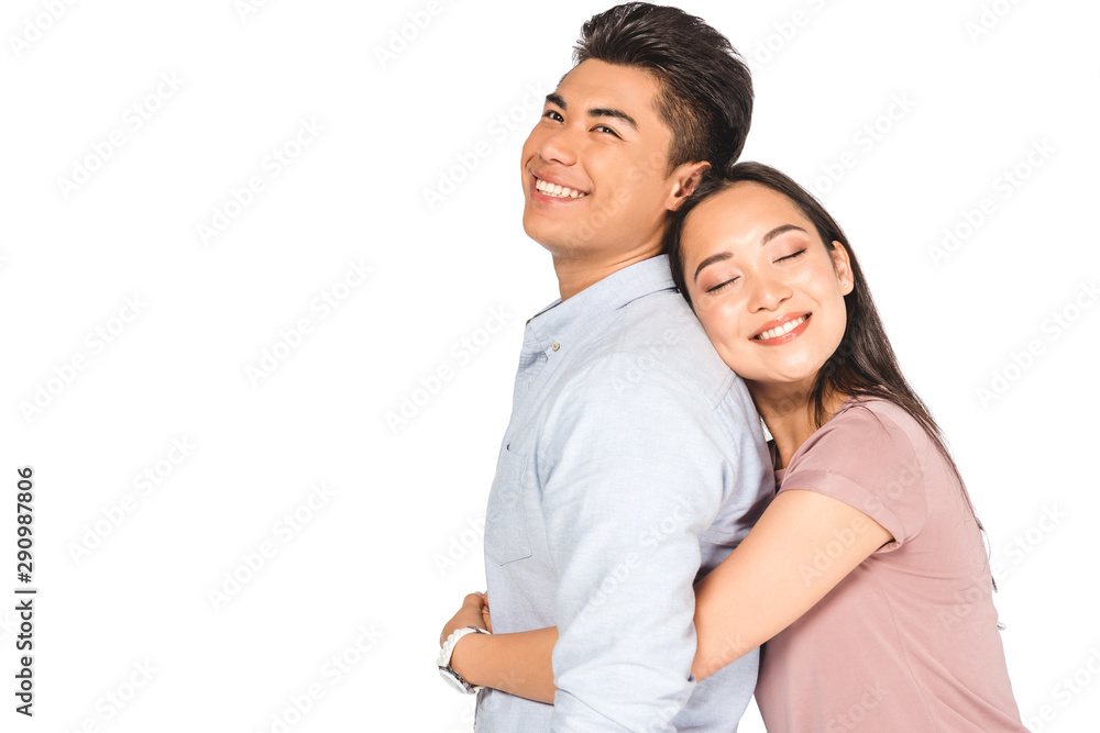 happy asian woman hugging handsome asian boyfriend isolated on white happy asian woman hugging handsome asian boyfriend isolated on white