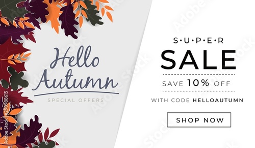 Autumn promo banner with paper style leaves vector illustration. Landing internet page for website app. Save ten percents off with code helloautumn and button shop now. Super sale advertising concept