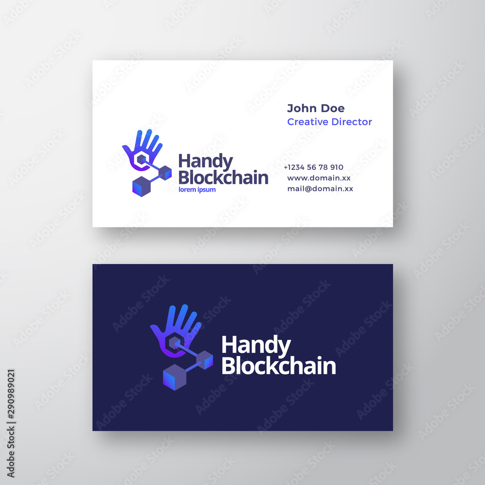 Handy Blockchain Technology Abstract Vector Logo and Business Card Template. Palm Hand with Conected Cubes Chain Gradient Icon with Modern Typography. Premium Stationary Realistic Mock Up.