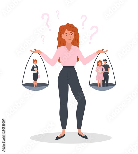 Foto Concerned woman facing with difficult choice vector illustration