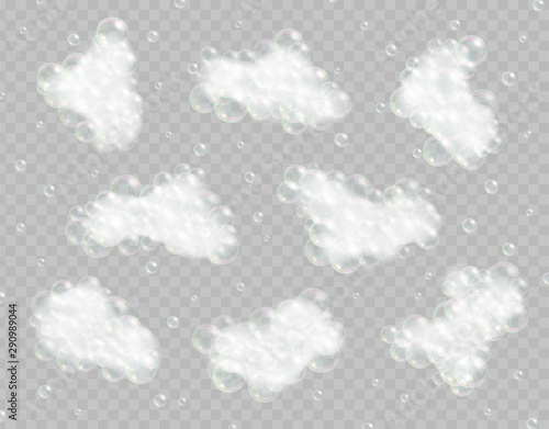 Obraz na płótnie Soap foam with bubbles isolated on transparent background. Sparkling shampoo and bath lather vector illustration. w salonie