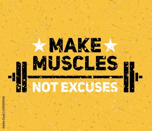 Hard and strong pumping gym flyer banner vector illustration. Make muscles not excuses inspiring workout and fitness motivation print flat style design. Healthy lifestyle concept