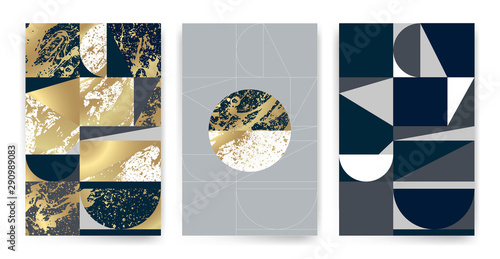 Templates with elegant geometric design. Marble effect texture, golden lines and geometric shapes.