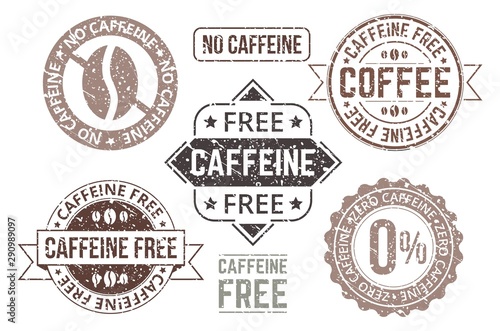 Caffeine free tags and grunge labels set vector illustration. Collection of coffee sign in black and white versions with stamps, text decaffeinated hot beverages flat style concept. Isolated on white photo