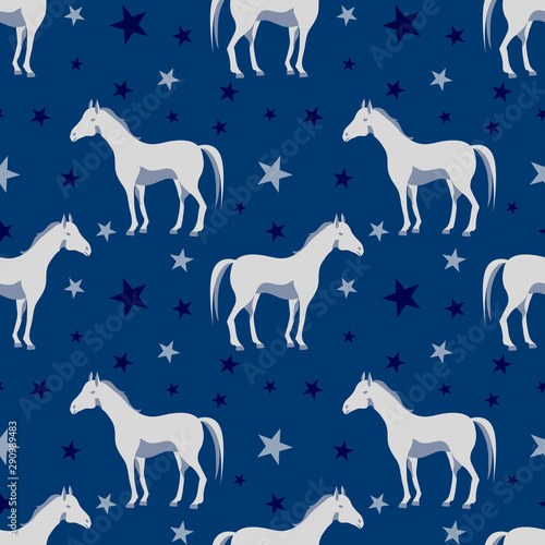 Seamless pattern with horse  star on a deep blue background. Sweet baby or kid print with animal