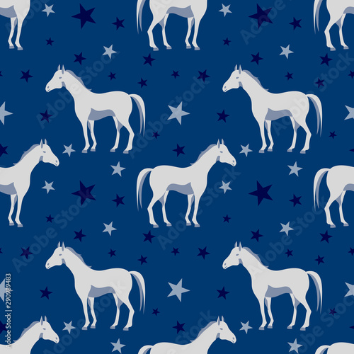 Seamless pattern with horse, star on a deep blue background. Sweet baby or kid print with animal