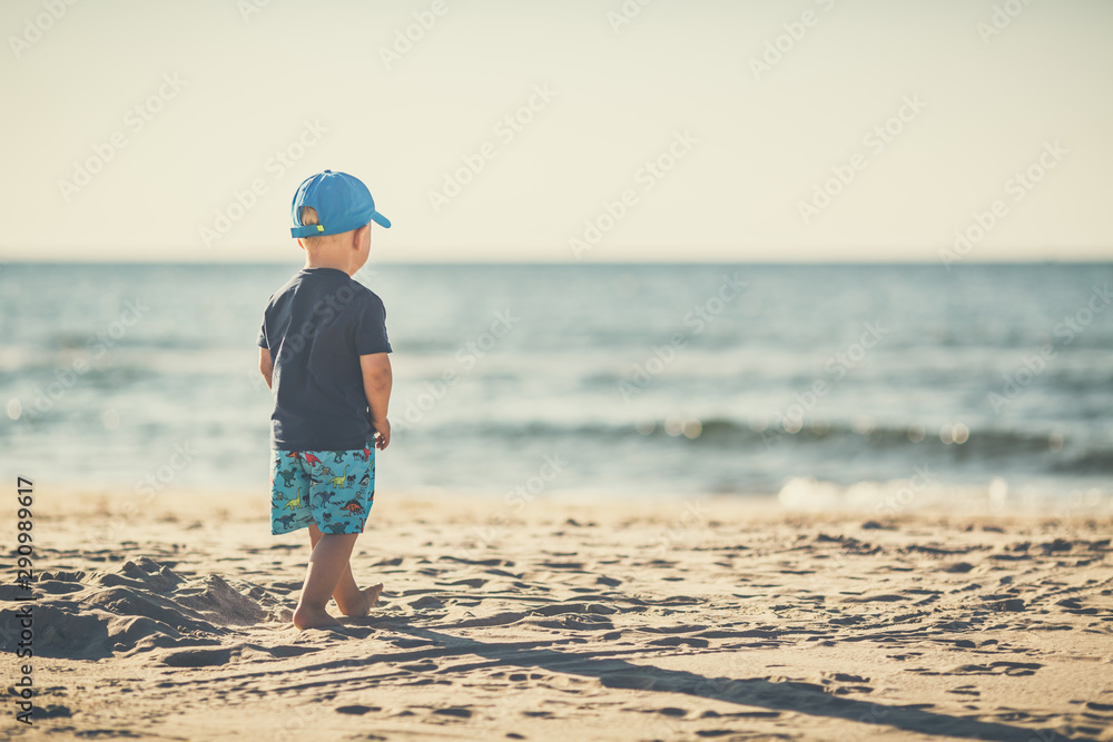 Toddler boy walking on a sunny beach