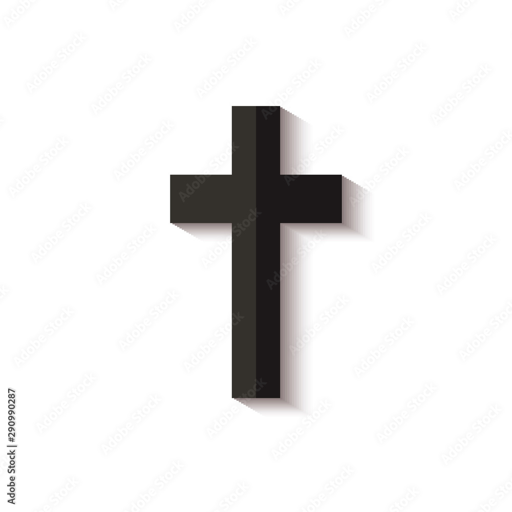 Black cross icon with realistic shadow isolated on white background