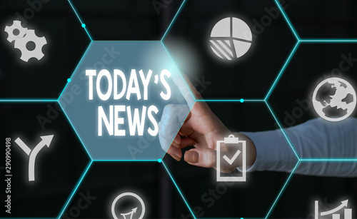 Word writing text Today S News. Business photo showcasing Latest Breaking Headlines Current Updates Trending Male human wear formal work suit presenting presentation using smart device