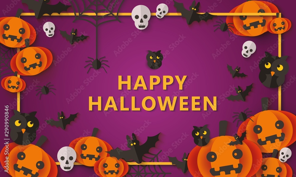 Halloween greeting card or poster background vector paper cut illustration.
