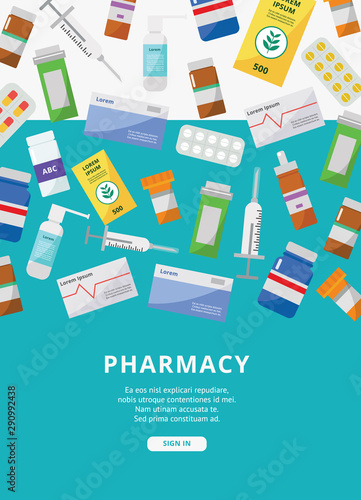 Online pharmacy ad poster template with colorful medicine packaging