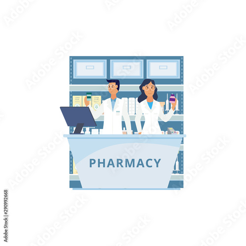Isolated pharmacy counter with cartoon people in uniform holding pill bottles