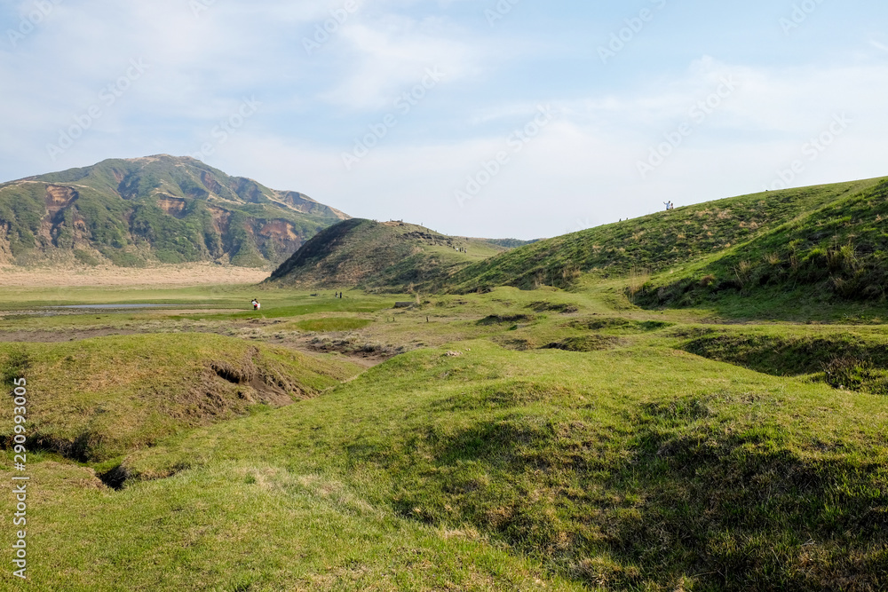 Landscape at Mount Aso (Aso-san), the largest active volcano in Japan stands in Aso Kuju National Park.