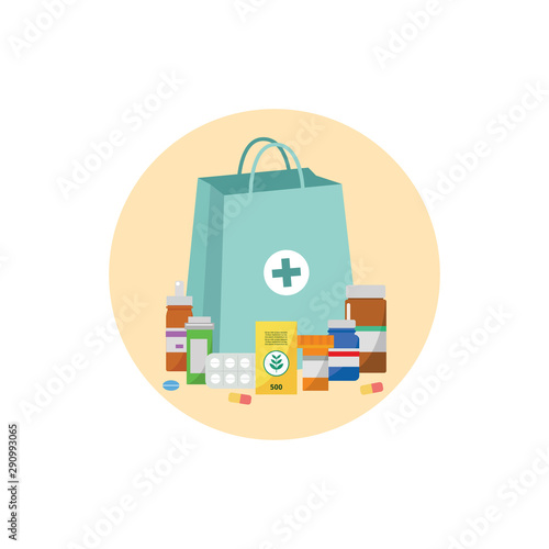 Pharmacy bag with pill bottles, drug tablets and other medicine packaging
