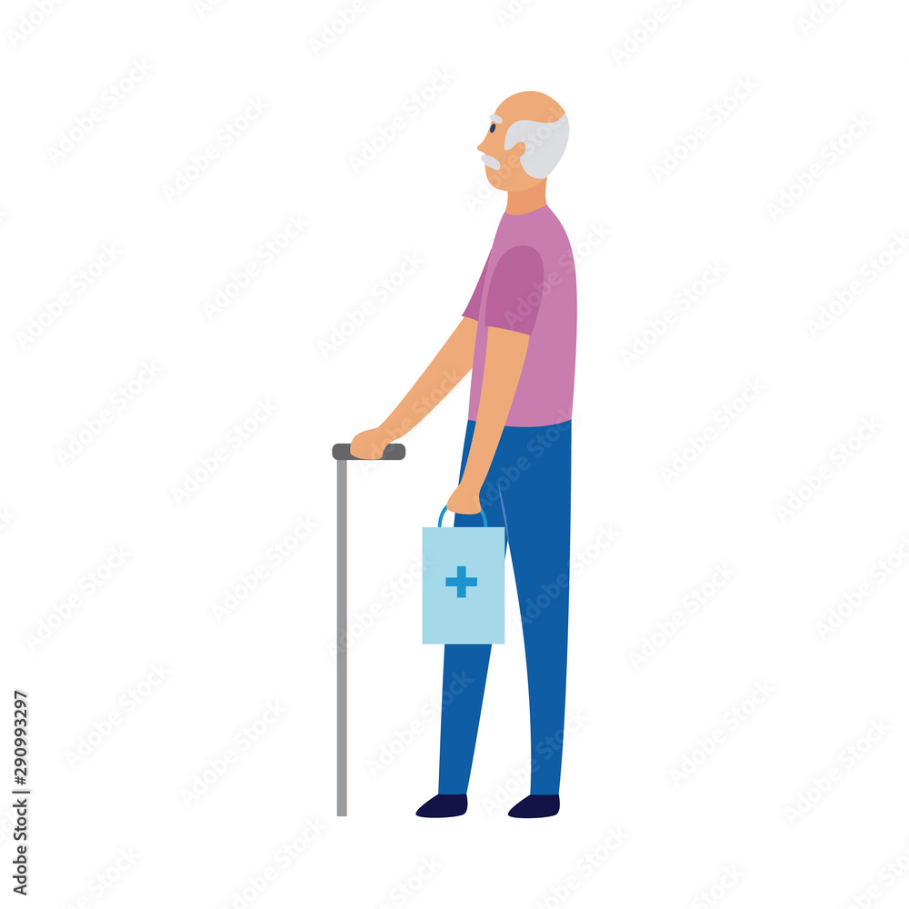 Old man holding pharmacy shopping bag and walking with cane Old man holding pharmacy shopping bag and walking with cane