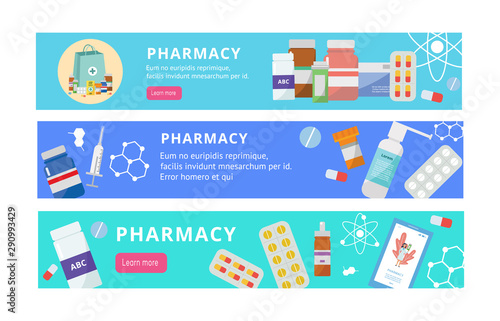 Pharmacy banner set - flat cartoon website elements with drugs and pill bottles