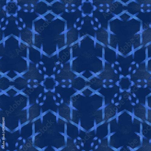 Seamless pattern Shibori in Indigo color. Digital Quilting Arts. Tie-dye. Tied and dyed - is a manual resist dyeing technique, of Japanese artisan design which produces patterns on fabric