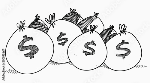 Фотография Several sacks of money piled on the floor. Sketch Drawing