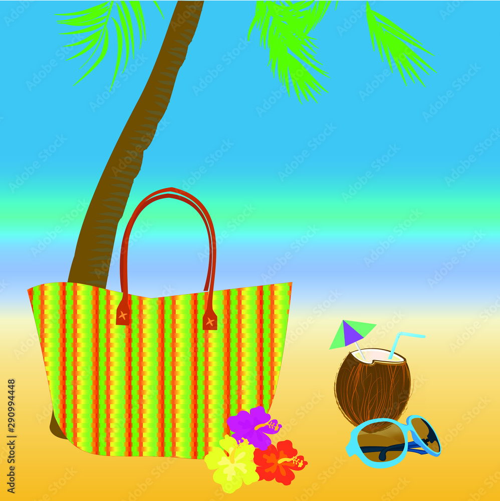 Vector with palm tree, beach bag, cocunut, sunglasses and flowers on beach background .Travel Postcard.