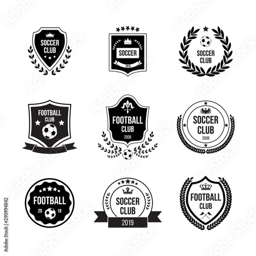 Set of football badges with shields and balls for competitions, clubs and teams.