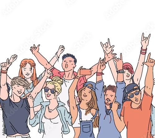 Cartoon crowd of people at music festival or rock concert