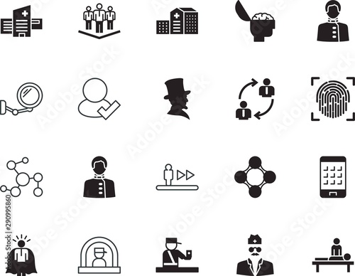 people vector icon set such as: authentication, registration, choice, salon, border, decorative, phone, hotel, century, control, talk, office, button, round, cartoon, telephone, cape, fingerprint